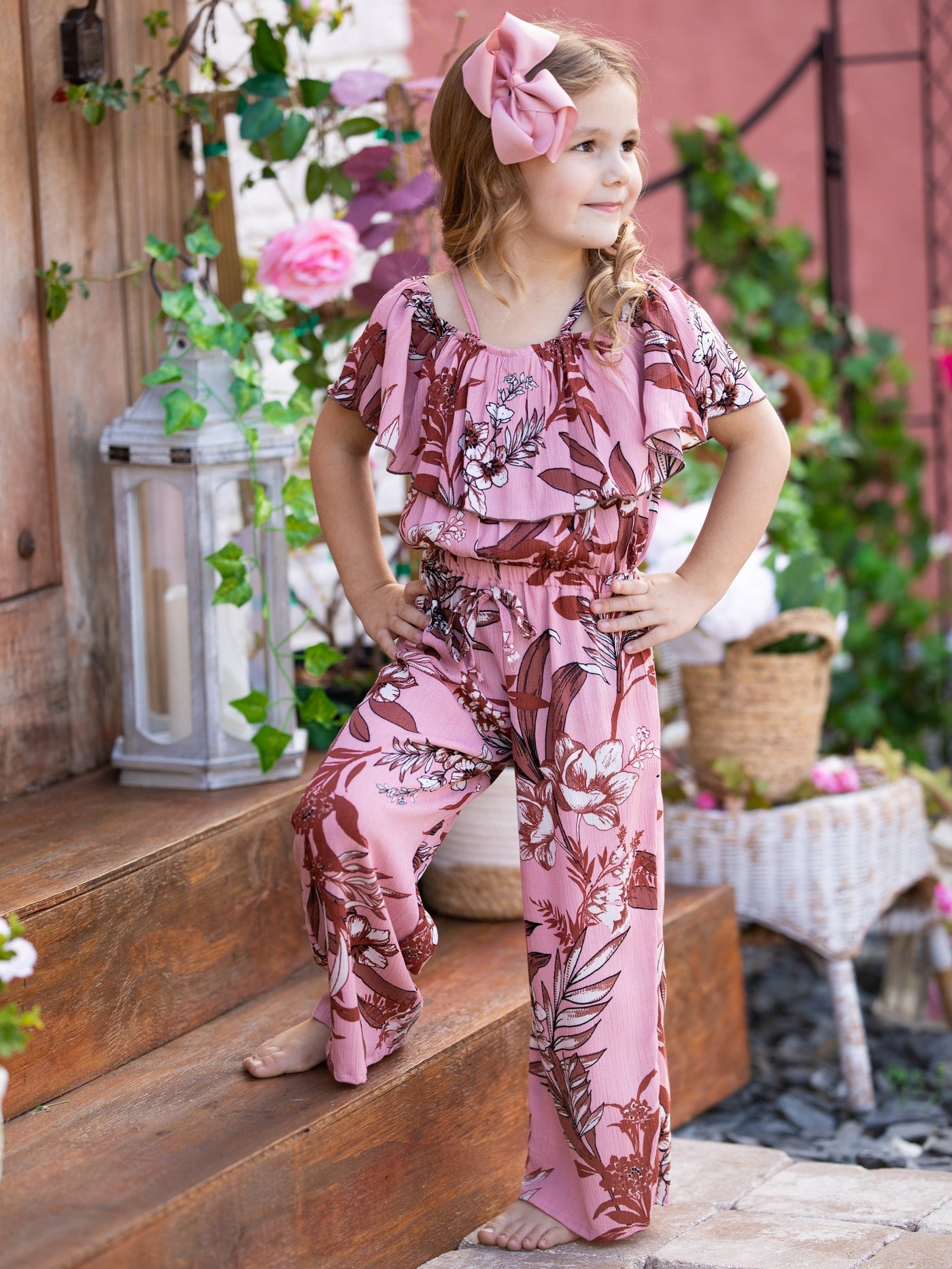 Girls Tropical Princess Cold Shoulder Ruched Bodice Jumpsuit