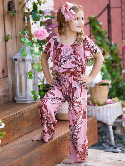 Girls Tropical Princess Cold Shoulder Ruched Bodice Jumpsuit