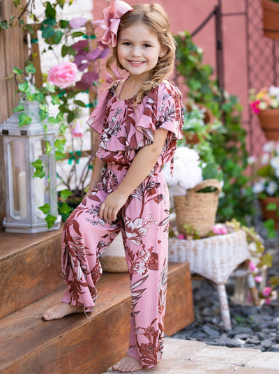 Girls Tropical Princess Cold Shoulder Ruched Bodice Jumpsuit