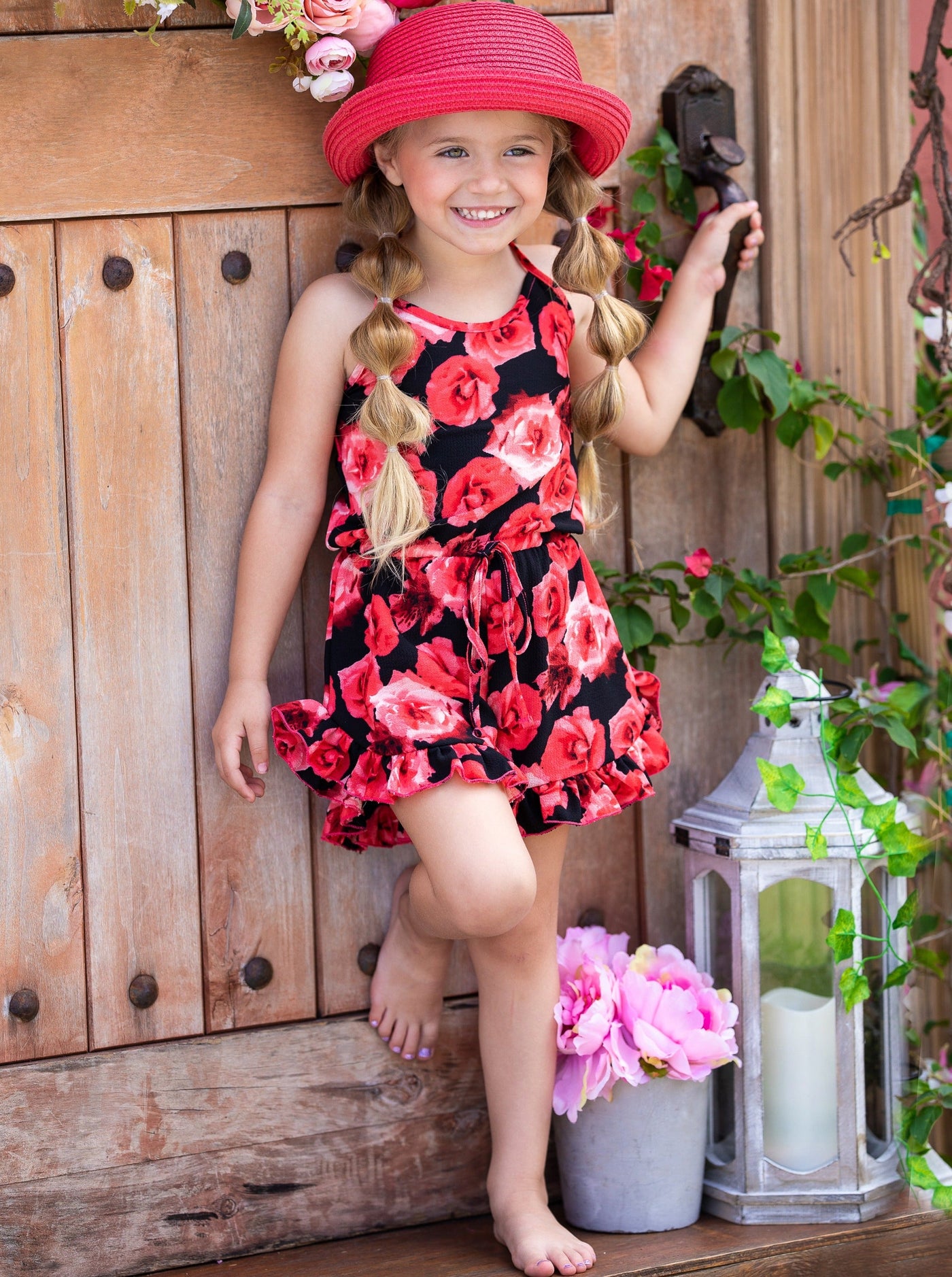Cute Toddler Outfit | Little Girls Racerback Rose Ruffle Hem Romper