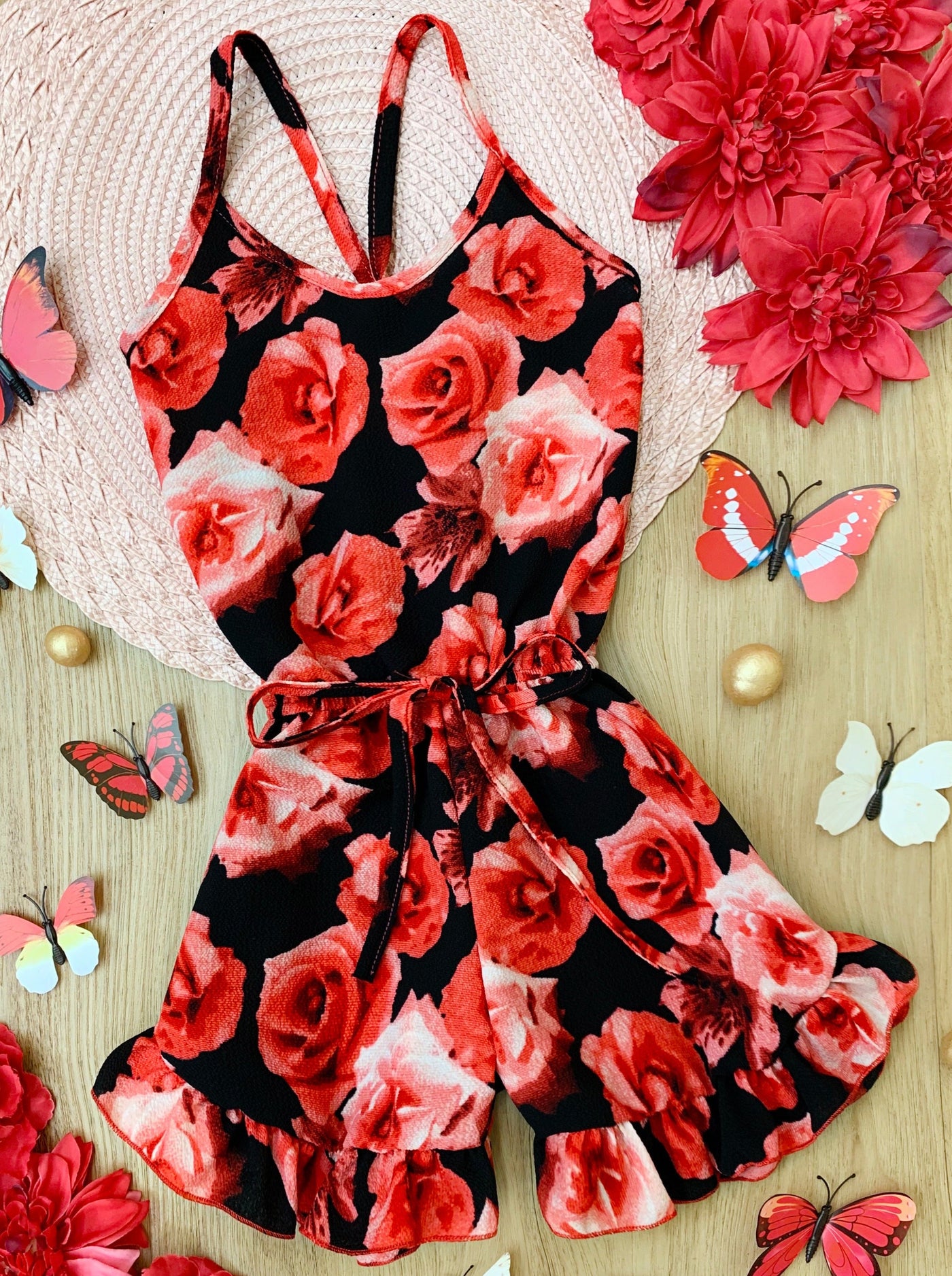 Cute Toddler Outfit | Little Girls Racerback Rose Ruffle Hem Romper