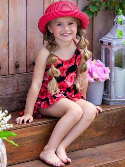 Cute Toddler Outfit | Little Girls Racerback Rose Ruffle Hem Romper