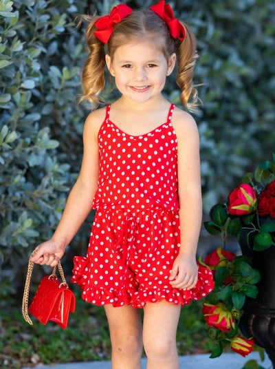 Girls Spring Outfits | Polka Dot Halter Drawstring Ruffle Hem Romper