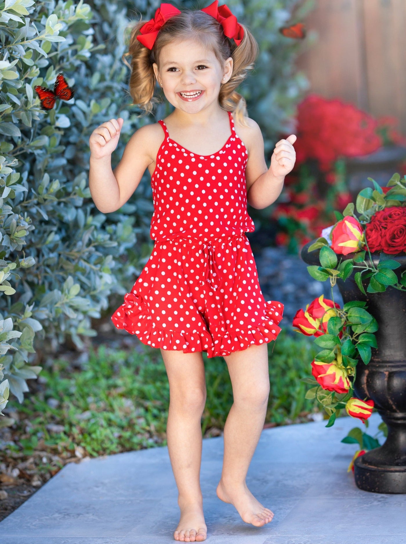 Girls Spring Outfits | Polka Dot Halter Drawstring Ruffle Hem Romper