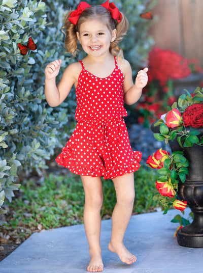 Girls Spring Outfits | Polka Dot Halter Drawstring Ruffle Hem Romper