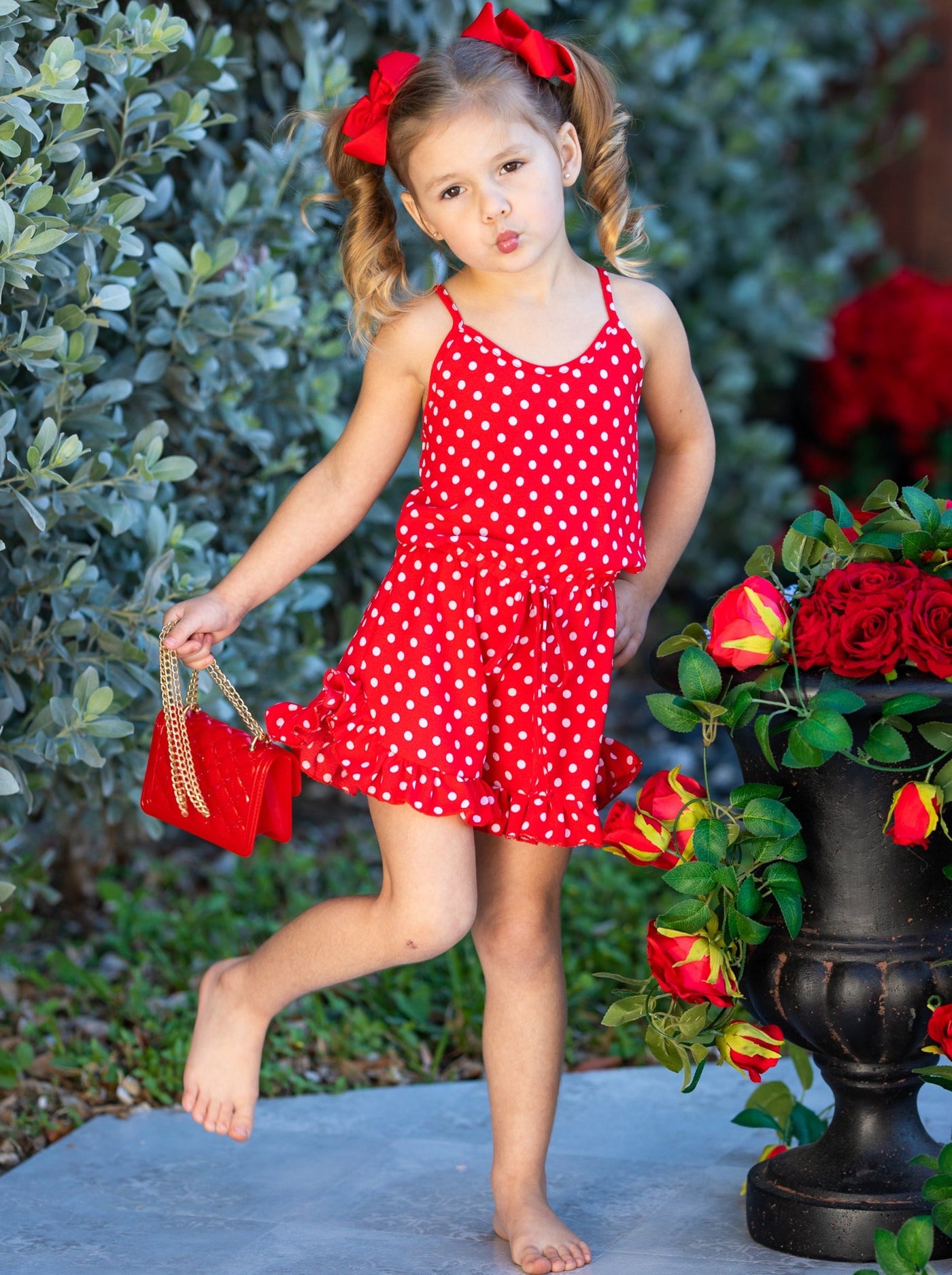 Girls Spring Outfits | Polka Dot Halter Drawstring Ruffle Hem Romper