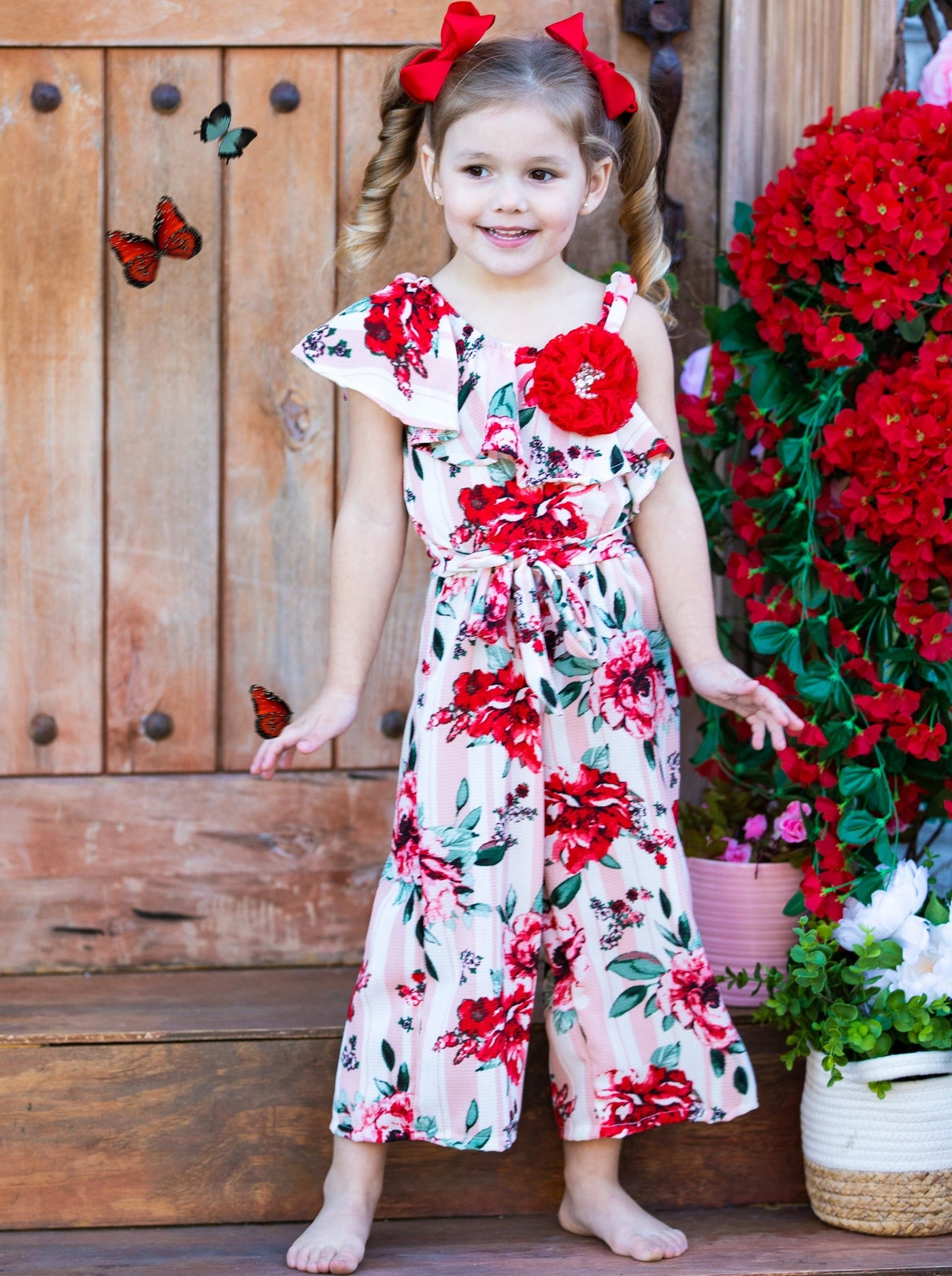 Cute Toddler Outfit | Girls Floral Striped One Shoulder Jumpsuit