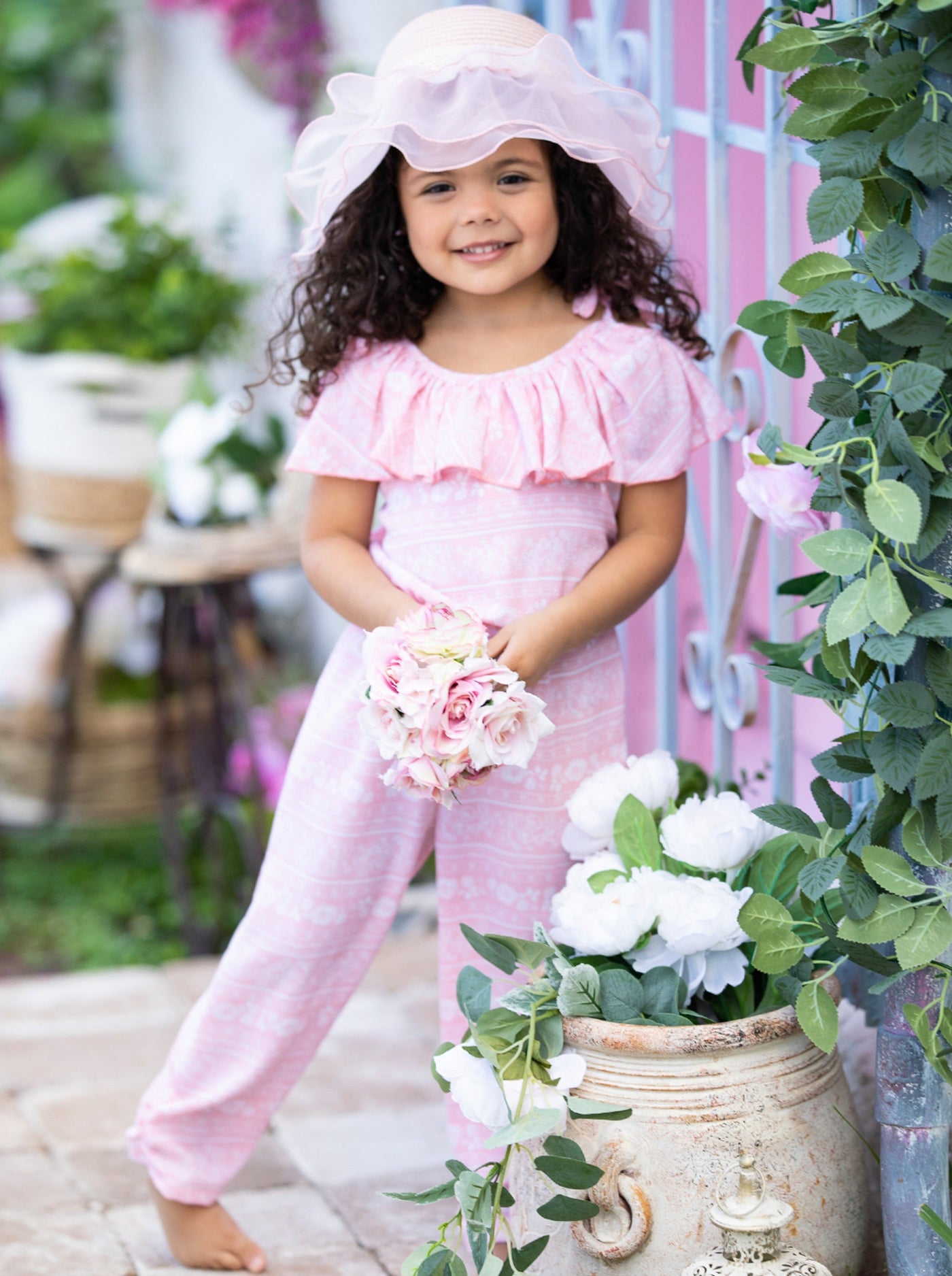 Kids Spring Clothes | Little Girls Calico Floral Ruffle Bib Jumpsuit