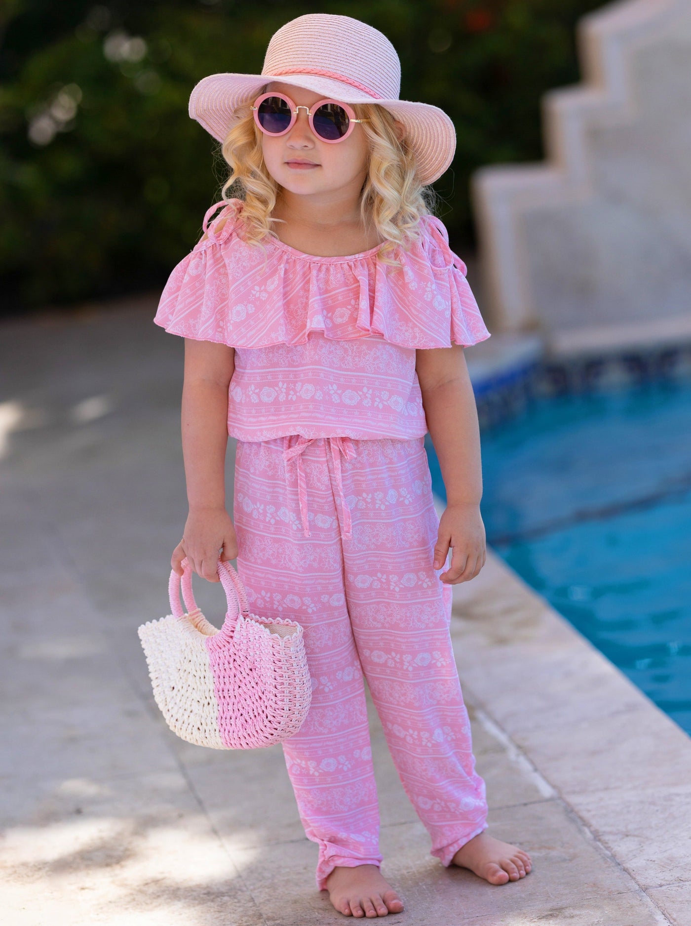 Kids Spring Clothes | Little Girls Calico Floral Ruffle Bib Jumpsuit