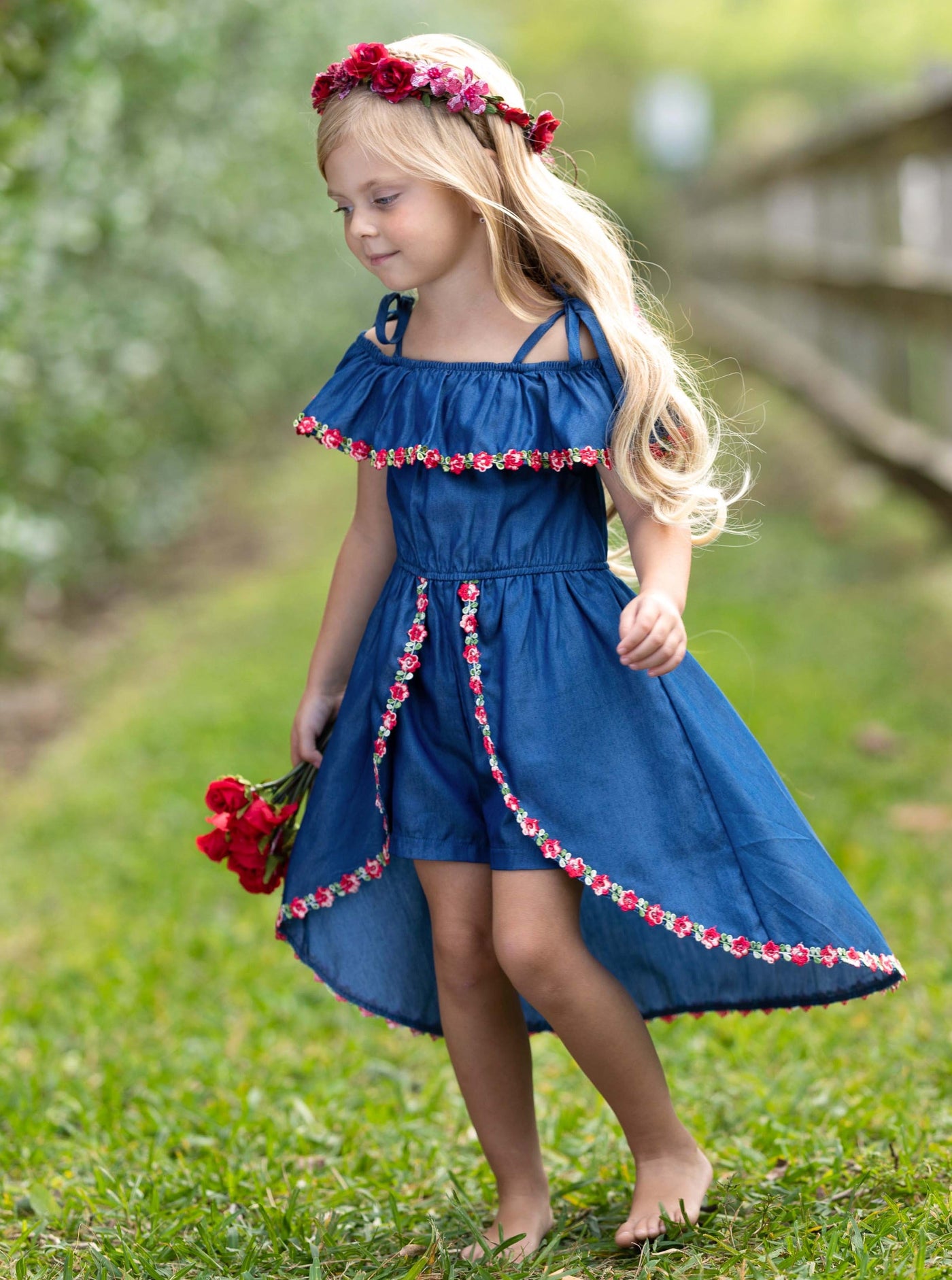 Toddler Spring Outfits | Girls Chambray Hi-Lo Skirted Romper