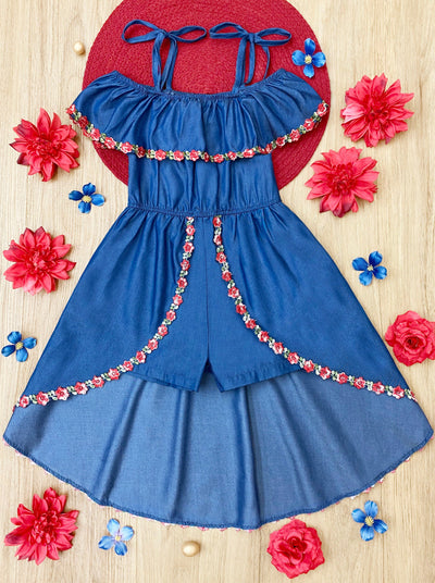 Toddler Spring Outfits | Girls Chambray Hi-Lo Skirted Romper