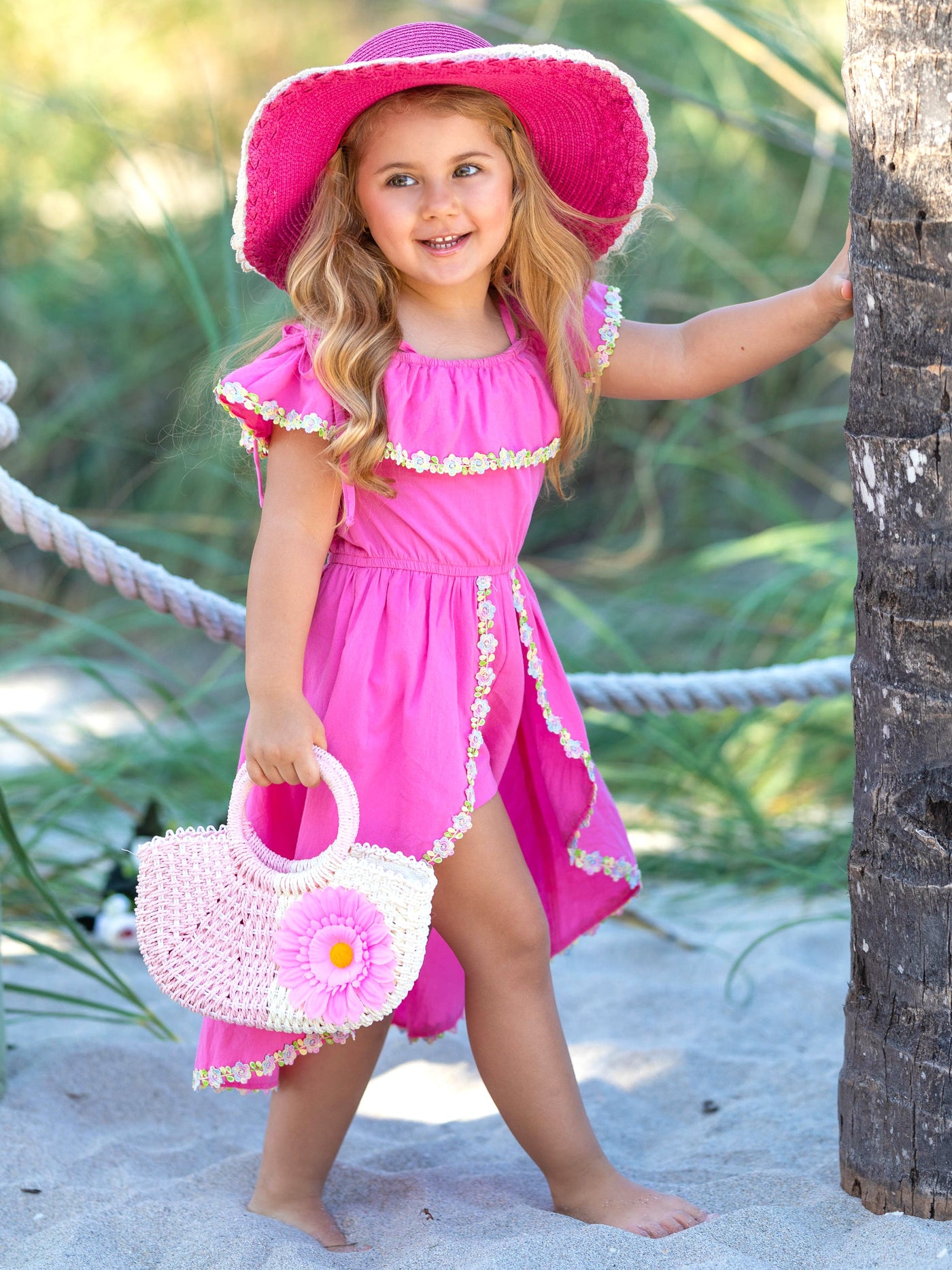 Toddler Spring Outfits | Girls Pink Floral Hem Hi-Lo Skirted Romper