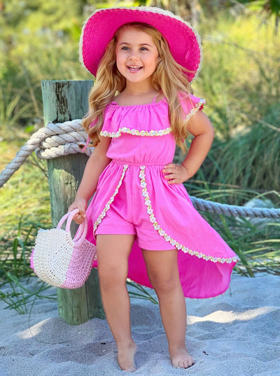 Toddler Spring Outfits | Girls Pink Floral Hem Hi-Lo Skirted Romper