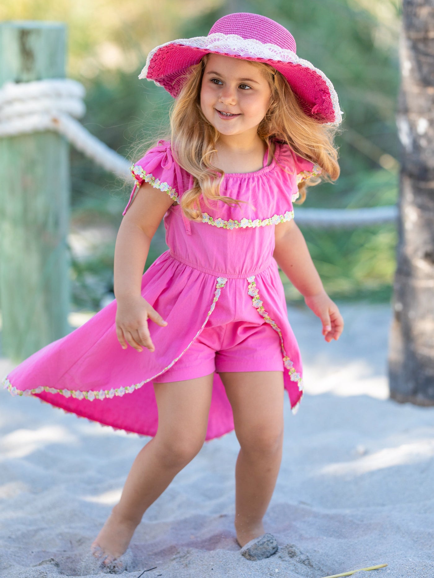 Toddler Spring Outfits | Girls Pink Floral Hem Hi-Lo Skirted Romper