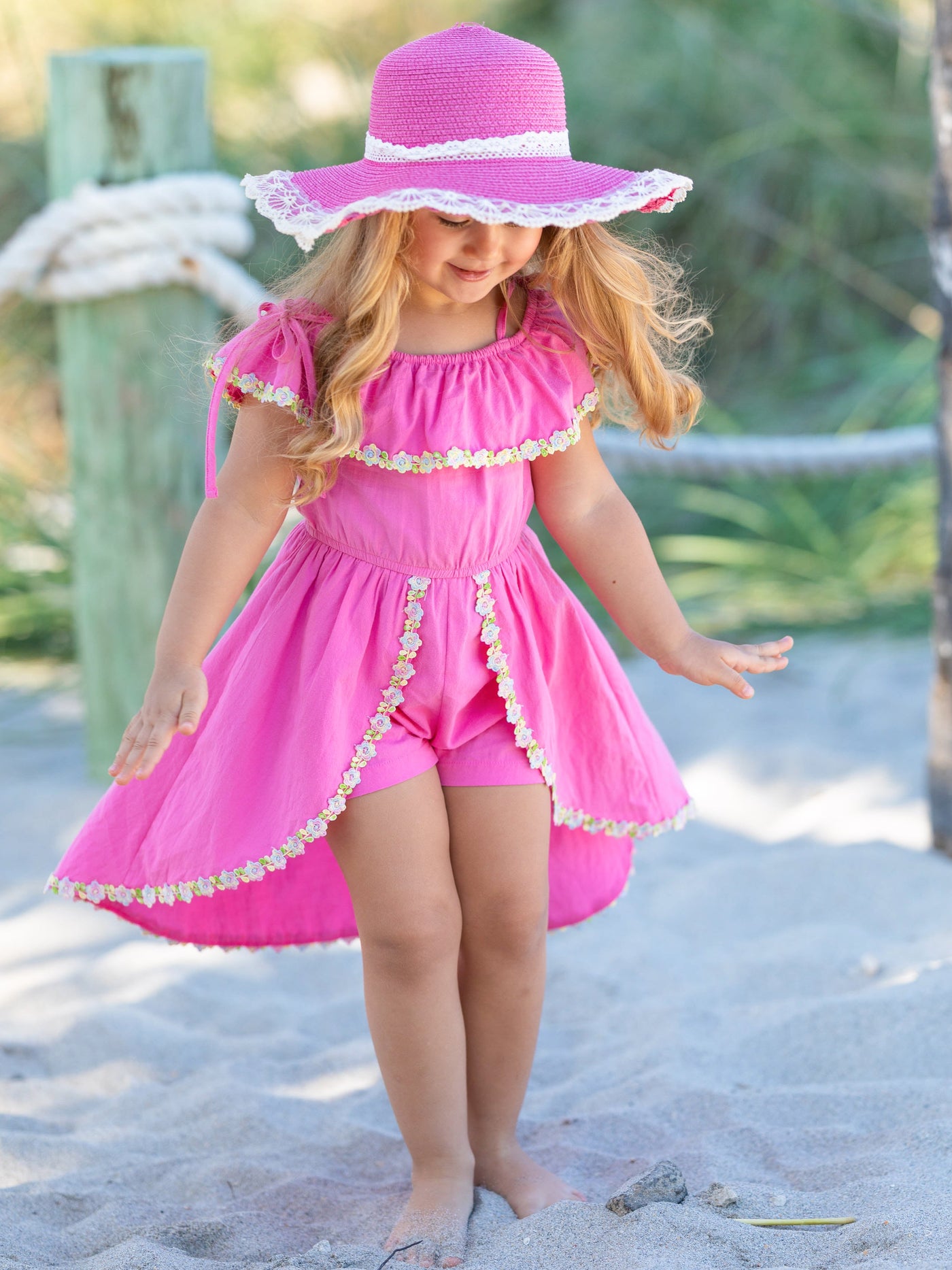 Toddler Spring Outfits | Girls Pink Floral Hem Hi-Lo Skirted Romper