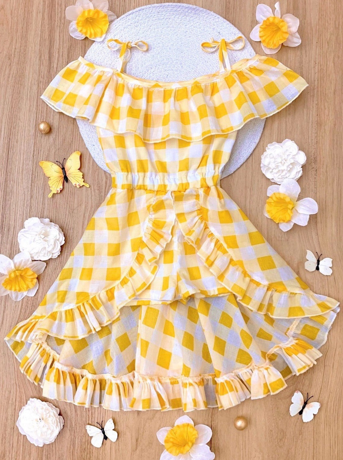 Girls Spring Rompers | Yellow Plaid Romper Dress | Mia Belle Girls