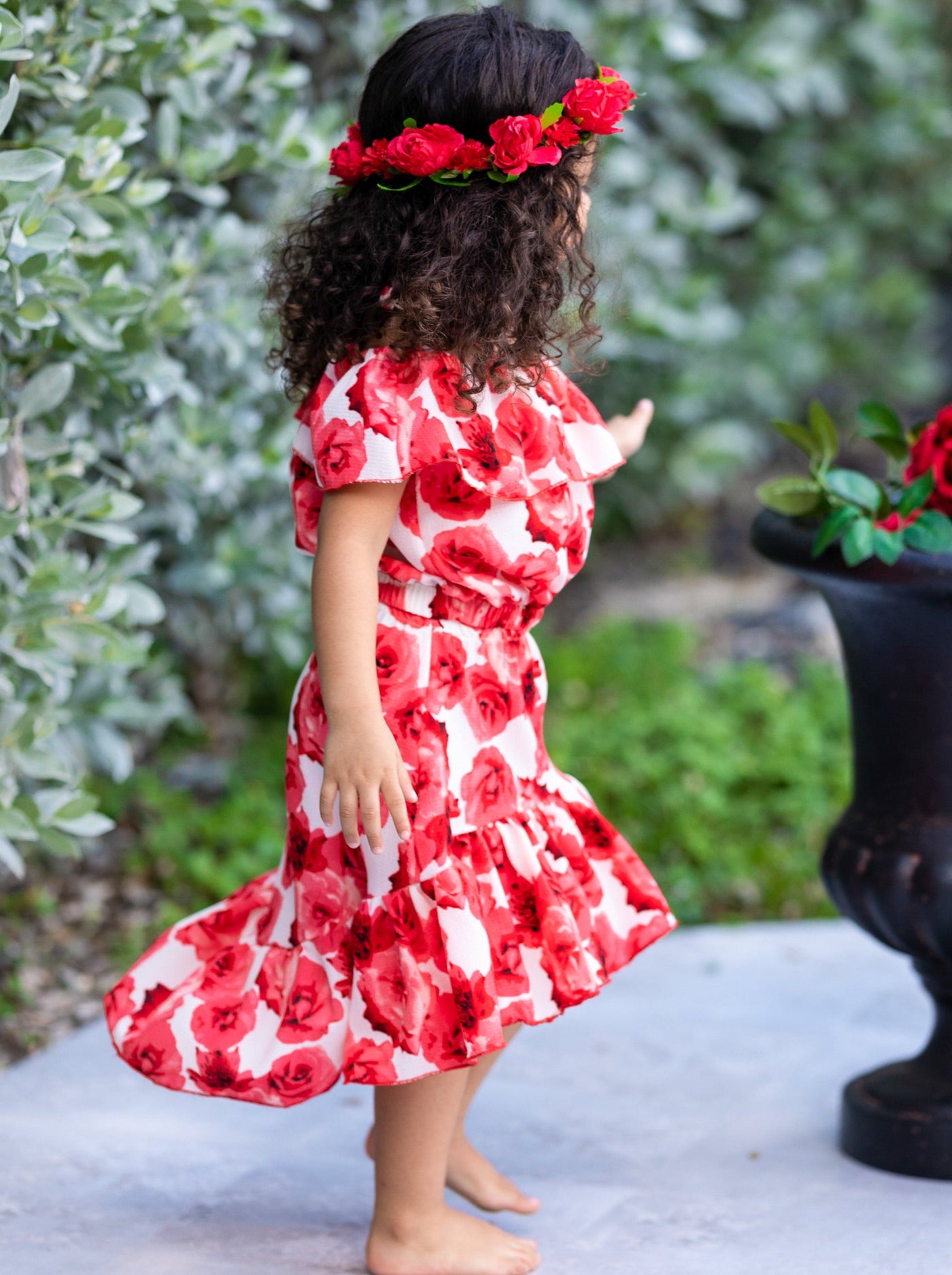 Kids Spring Clothes | Girls Roses Ruffle Crop Top & Hi Lo Skirt Set