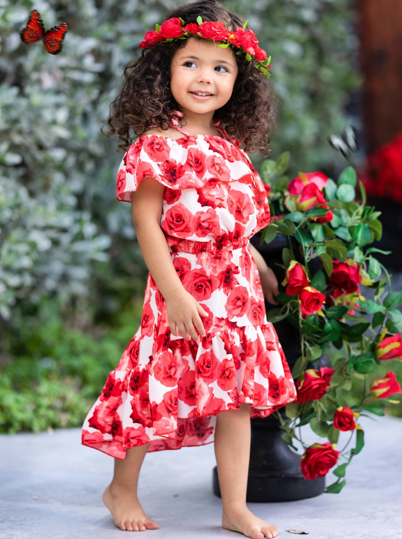 Kids Spring Clothes | Girls Roses Ruffle Crop Top & Hi Lo Skirt Set