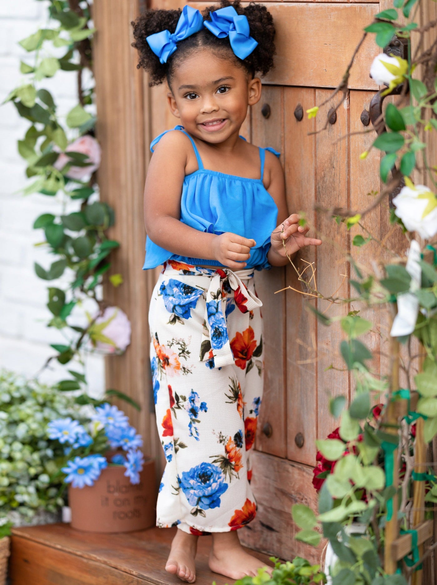 Kids Spring Clothes | Girls Ruffle Ruched Top & Floral Pants Set