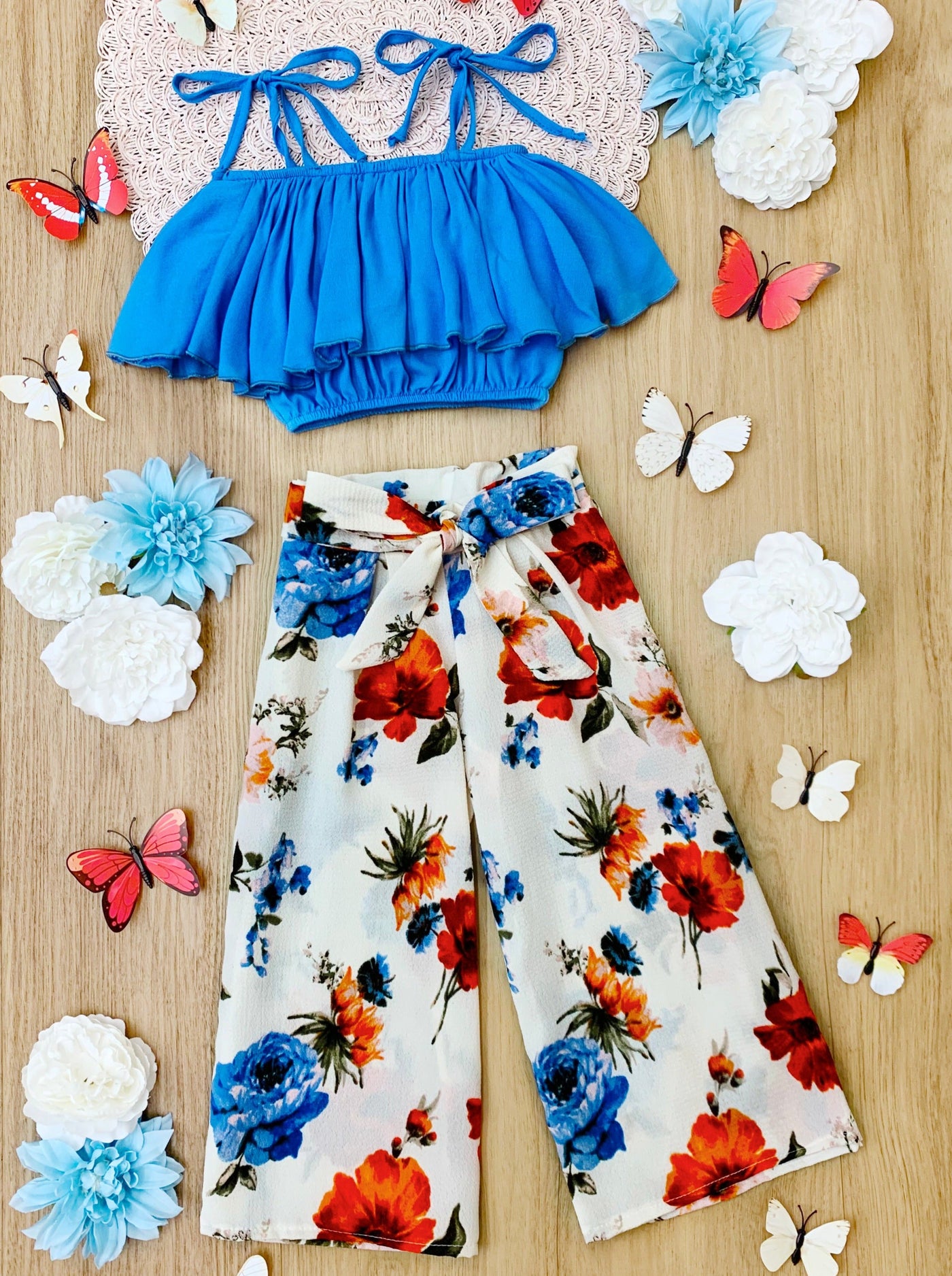 Kids Spring Clothes | Girls Ruffle Ruched Top & Floral Pants Set