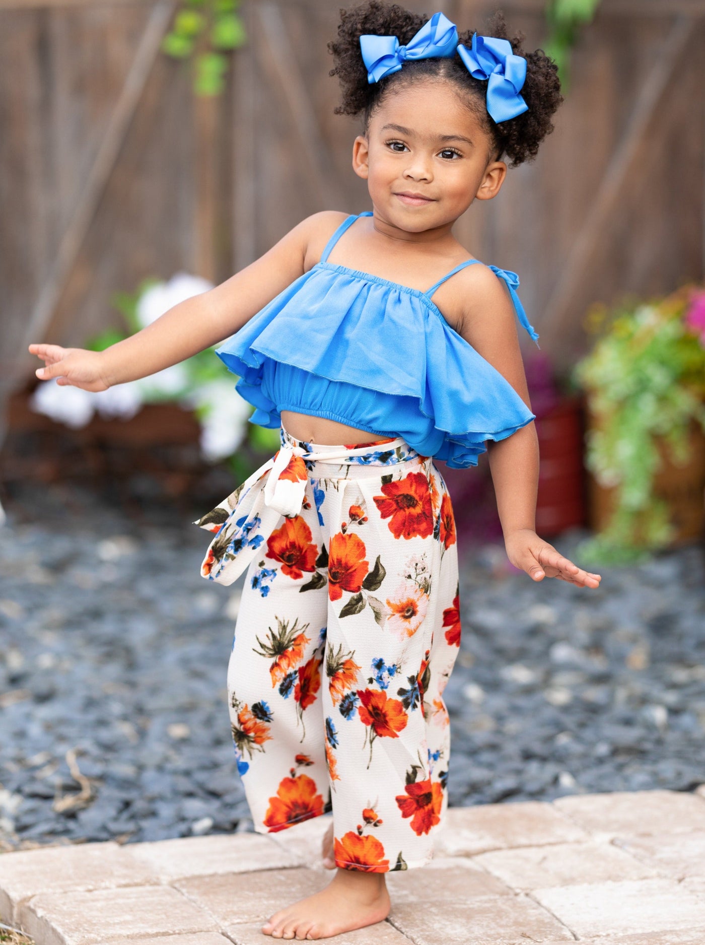 Kids Spring Clothes | Girls Ruffle Ruched Top & Floral Pants Set