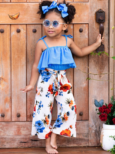 Kids Spring Clothes | Girls Ruffle Ruched Top & Floral Pants Set
