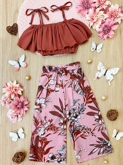 Girls Botantical Babe Ruffle Cami Crop Top and Wide Leg Pants Set