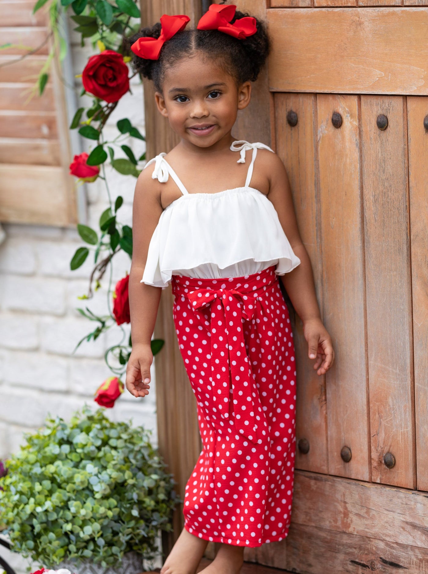 Toddler Spring Outfits | Girls Ruffle Crop Top & Polka Dot Pants Set 