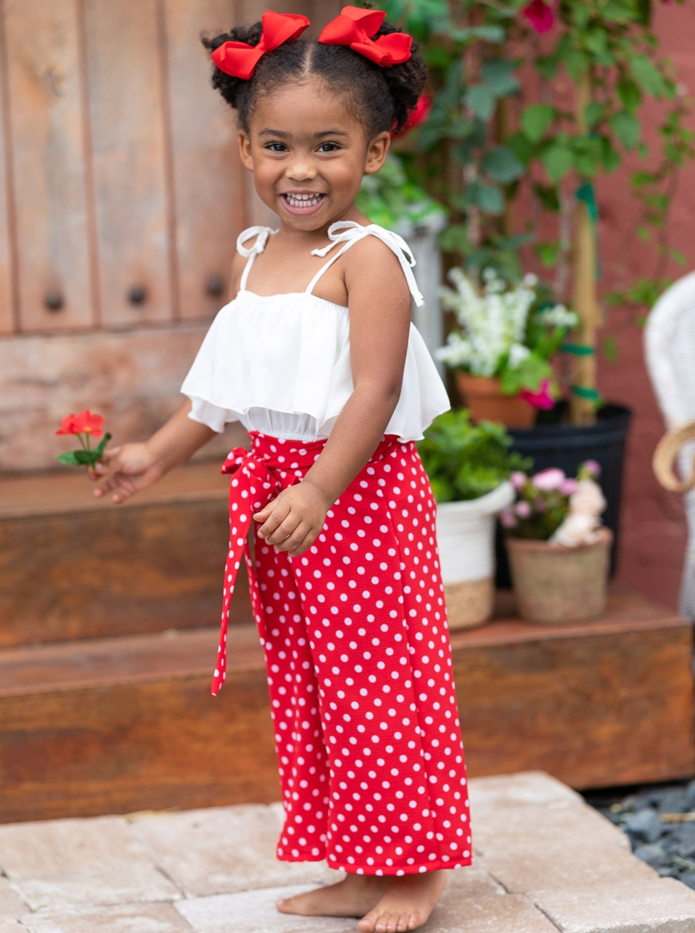 Toddler Spring Outfits | Girls Ruffle Crop Top & Polka Dot Pants Set 
