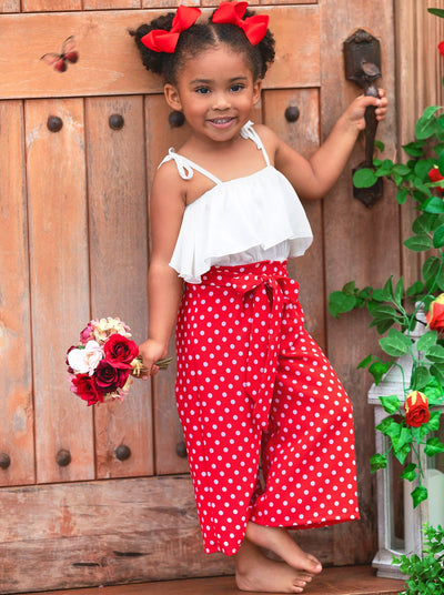 Toddler Spring Outfits | Girls Ruffle Crop Top & Polka Dot Pants Set 