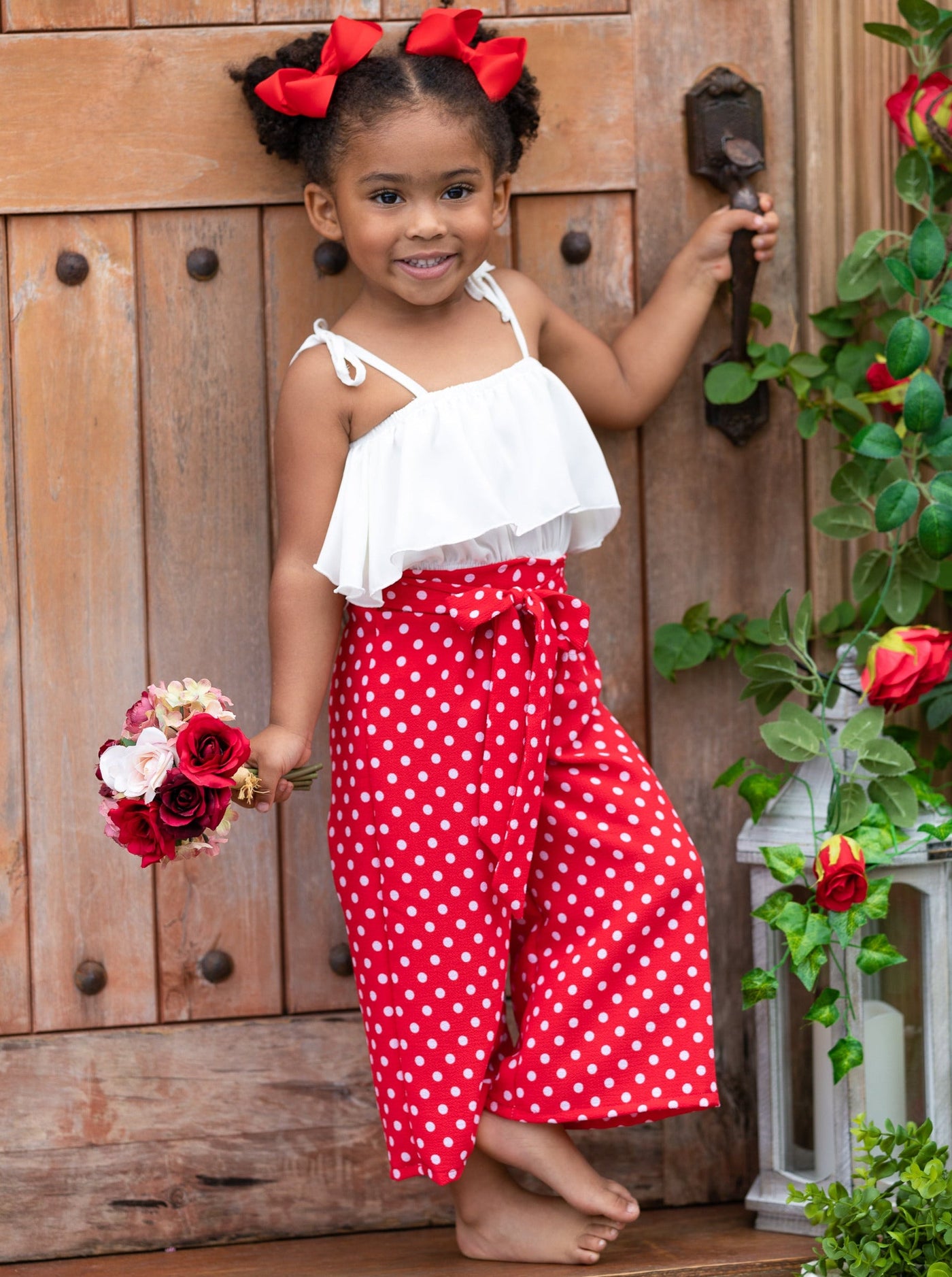 Toddler Spring Outfits | Girls Ruffle Crop Top & Polka Dot Pants Set 