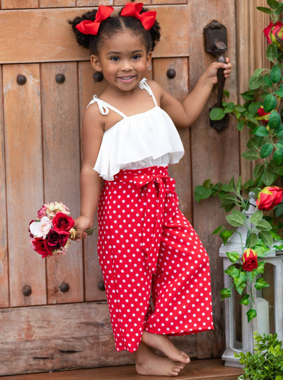 Toddler Spring Outfits | Girls Ruffle Crop Top & Polka Dot Pants Set 