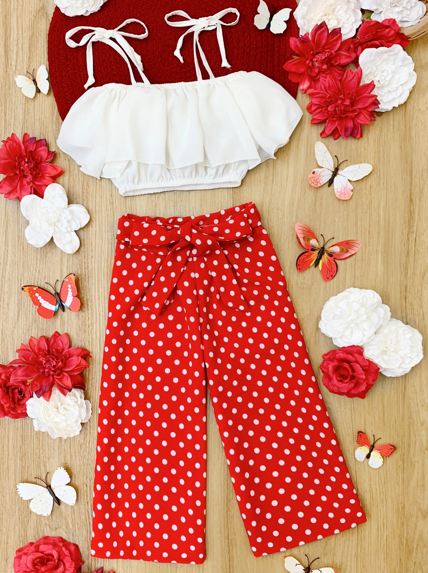 Toddler Spring Outfits | Girls Ruffle Crop Top & Polka Dot Pants Set 