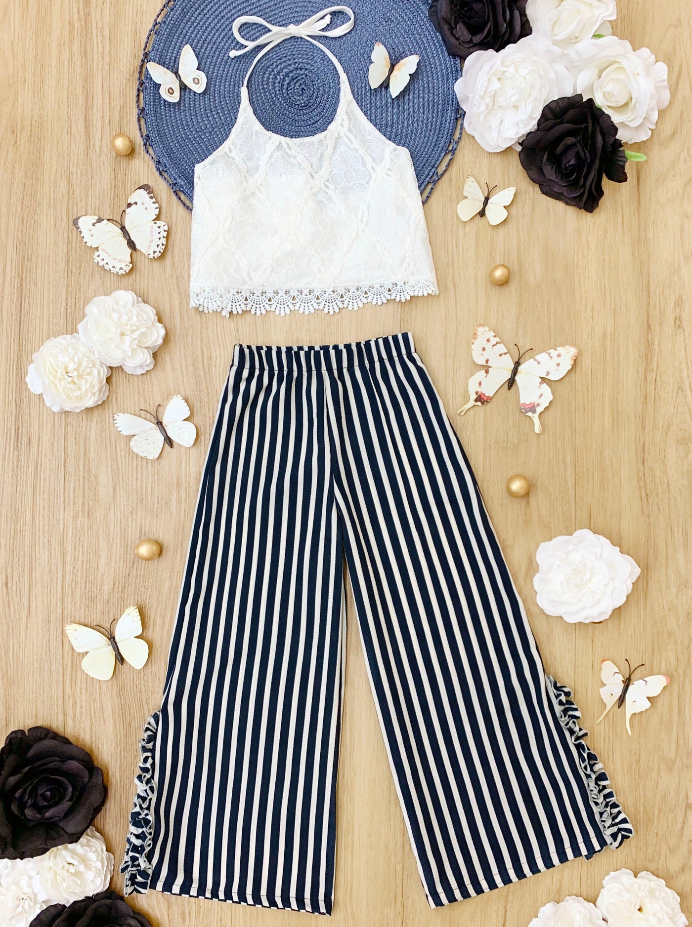 Toddler Resort Wear | Girls Lace Halter Top & Striped Wide Leg Pants