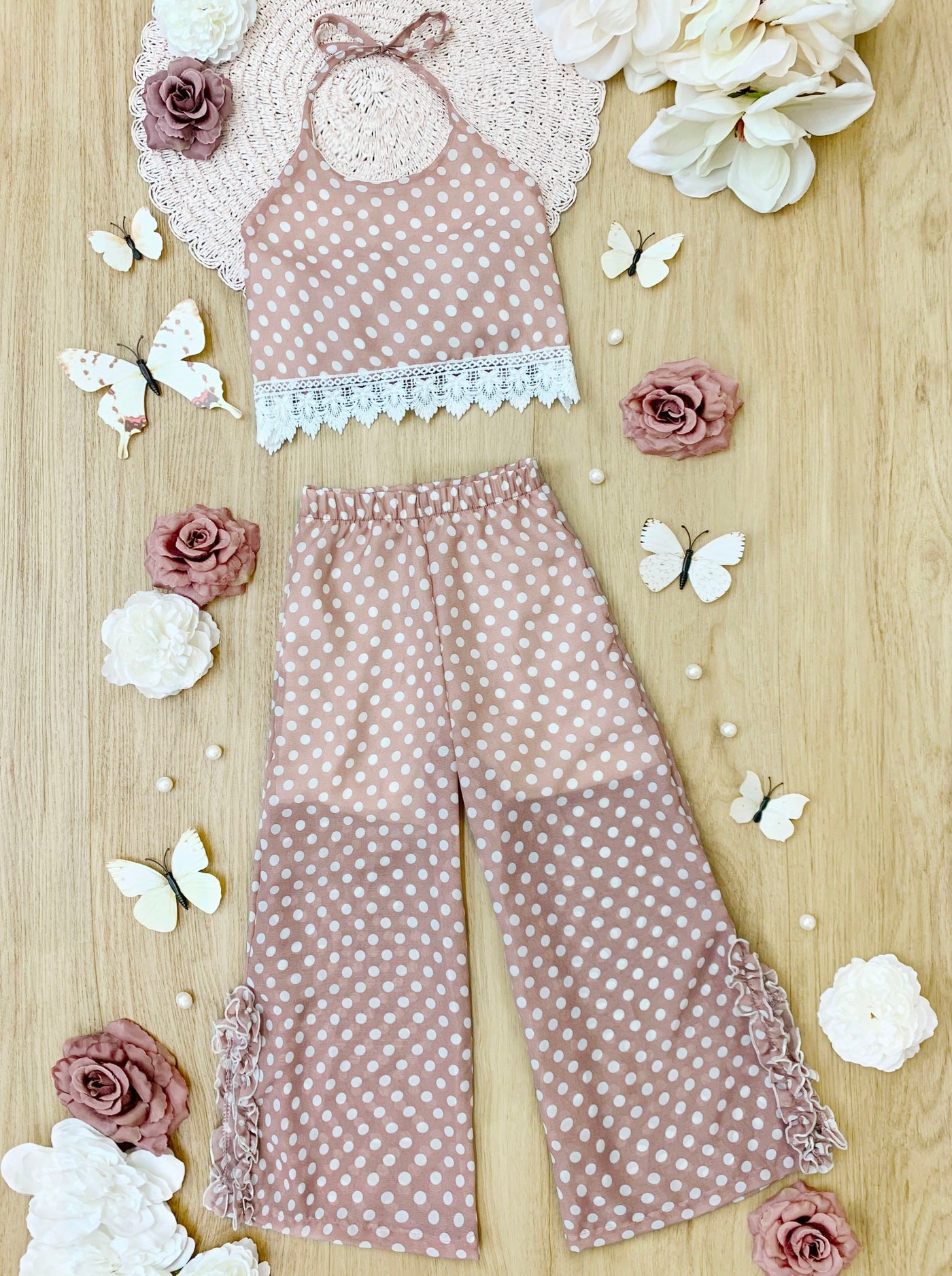 Girls Spring Outfits | Polka Dot Halter Top & Wide Leg Pants Set