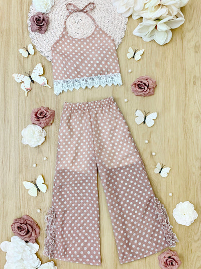 Girls Spring Outfits | Polka Dot Halter Top & Wide Leg Pants Set