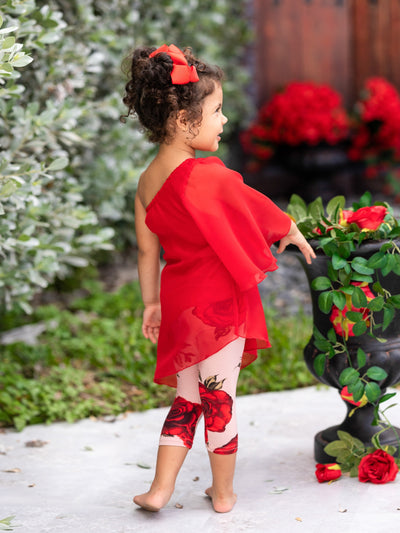 Toddler Spring Outfits | Girls Red One Sleeve Tunic & Rose Legging Set