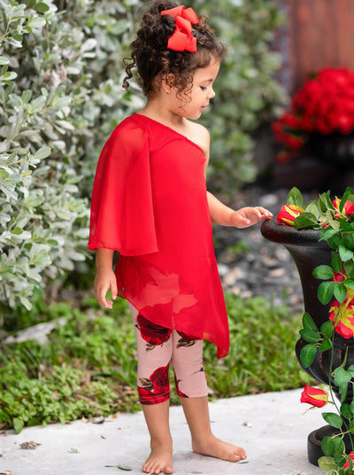 Toddler Spring Outfits | Girls Red One Sleeve Tunic & Rose Legging Set