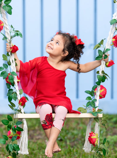 Toddler Spring Outfits | Girls Red One Sleeve Tunic & Rose Legging Set