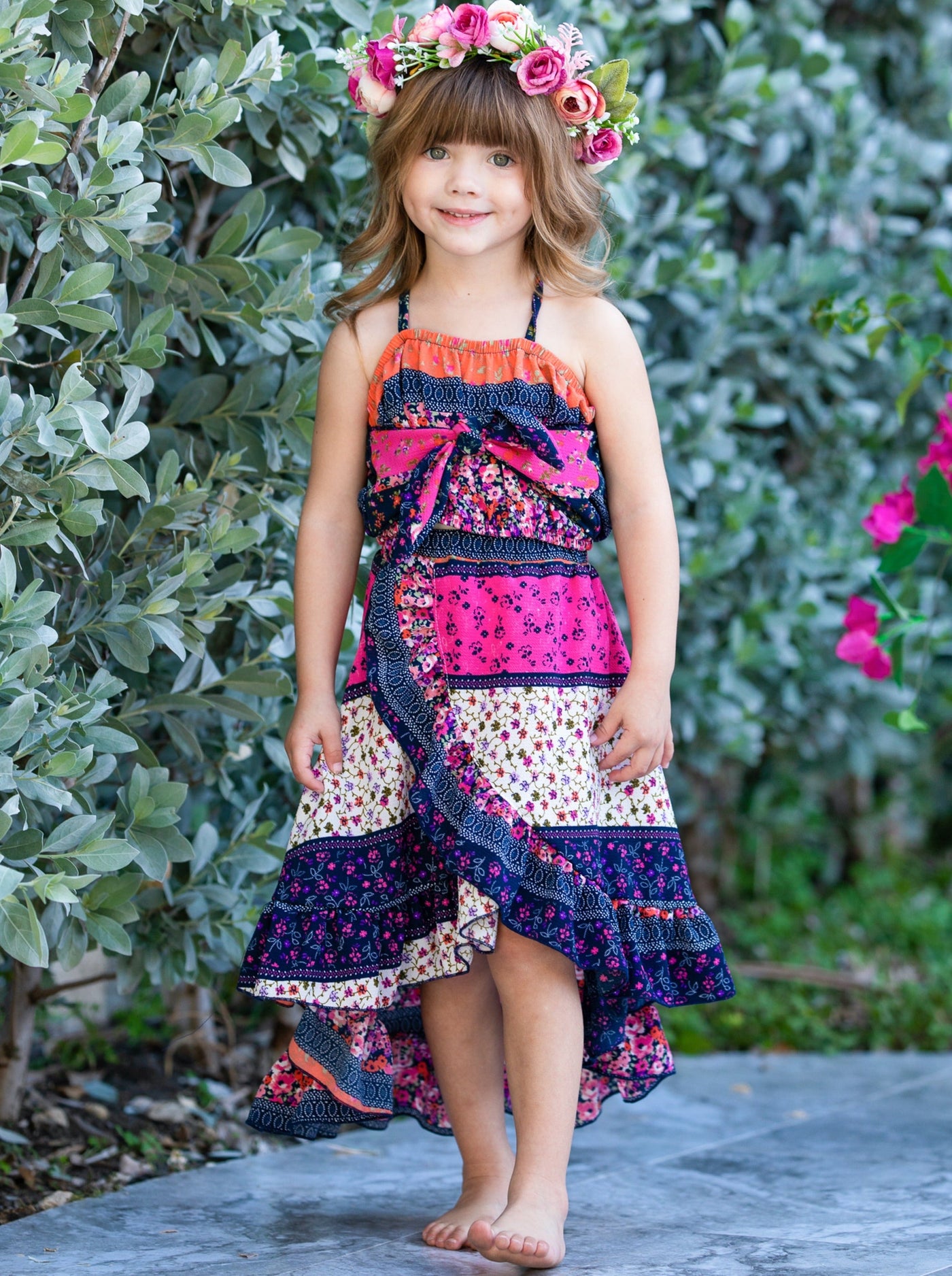 Girls Spring Floral Crop Top & Hi Lo Wrap Skirt Set - Mia Belle Girls