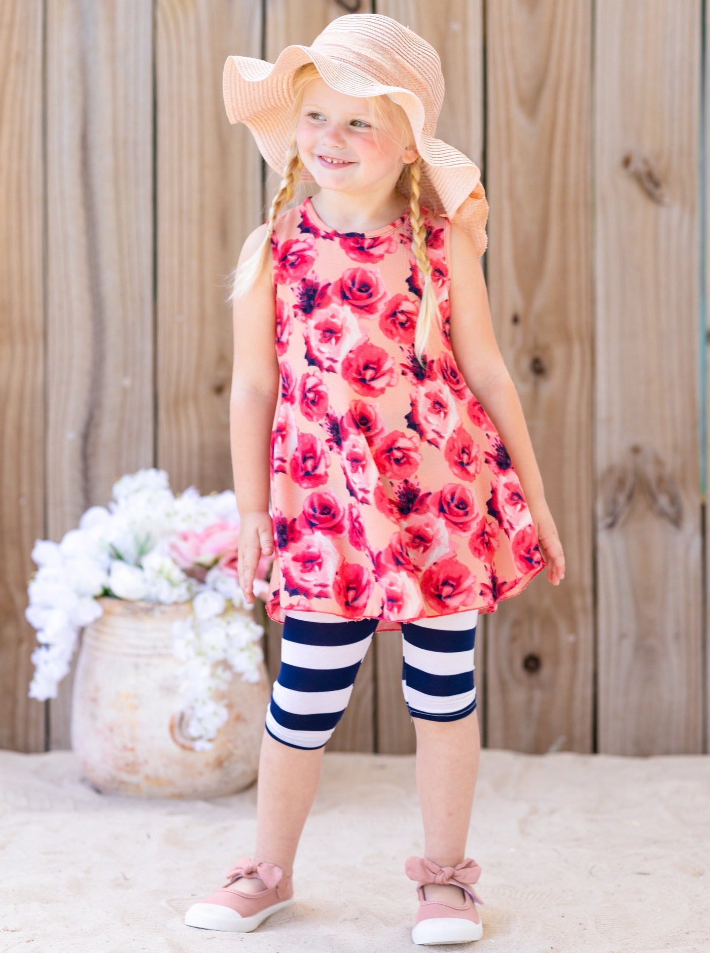 Kids Spring Clothes | Girls Sleeveless Rose Tunic & Stripe Legging Set