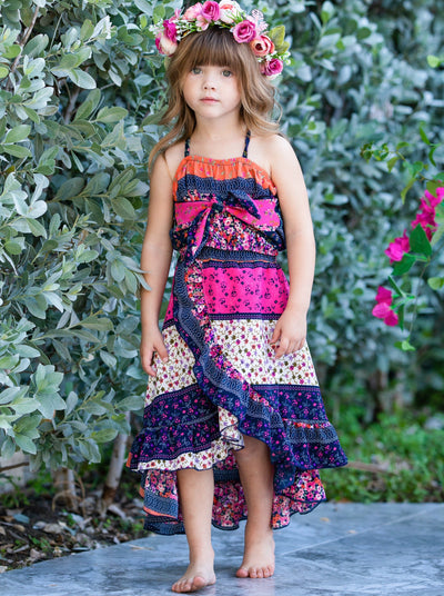 Girls Spring Floral Crop Top & Hi Lo Wrap Skirt Set - Mia Belle Girls