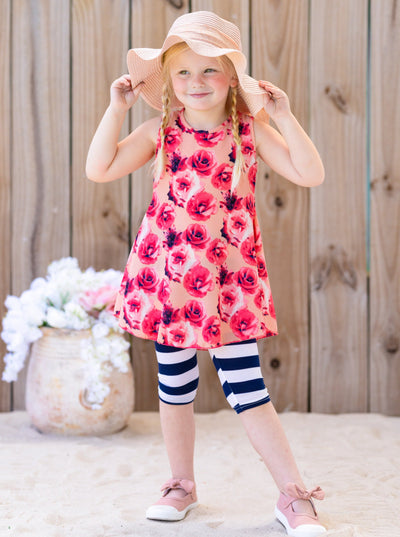 Kids Spring Clothes | Girls Sleeveless Rose Tunic & Stripe Legging Set