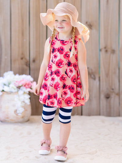 Kids Spring Clothes | Girls Sleeveless Rose Tunic & Stripe Legging Set