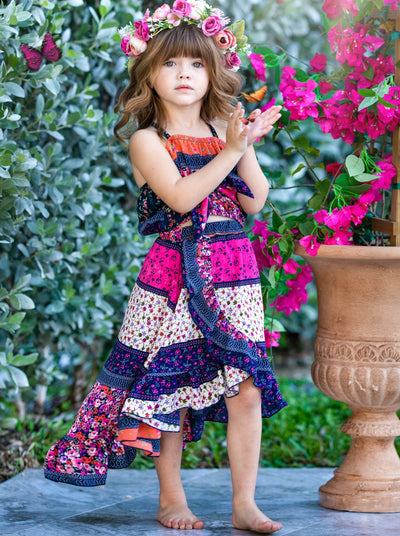 Girls Spring Floral Crop Top & Hi Lo Wrap Skirt Set - Mia Belle Girls