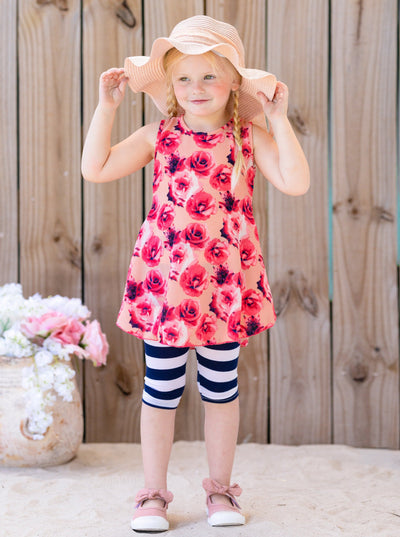 Kids Spring Clothes | Girls Sleeveless Rose Tunic & Stripe Legging Set