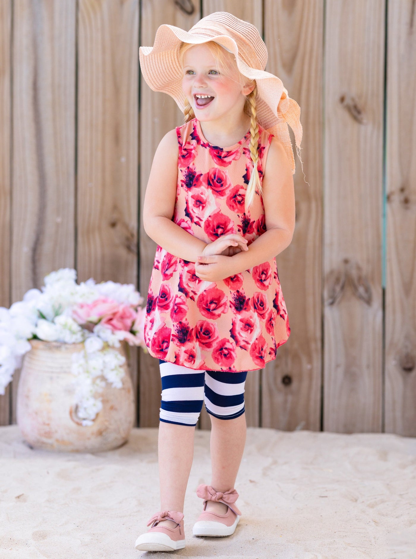 Kids Spring Clothes | Girls Sleeveless Rose Tunic & Stripe Legging Set