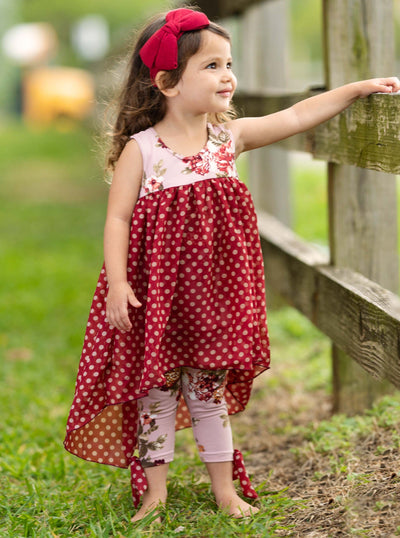 Kids Spring Clothes | Girls Polka Dots Hi Lo Tunic & Bow Legging Set 