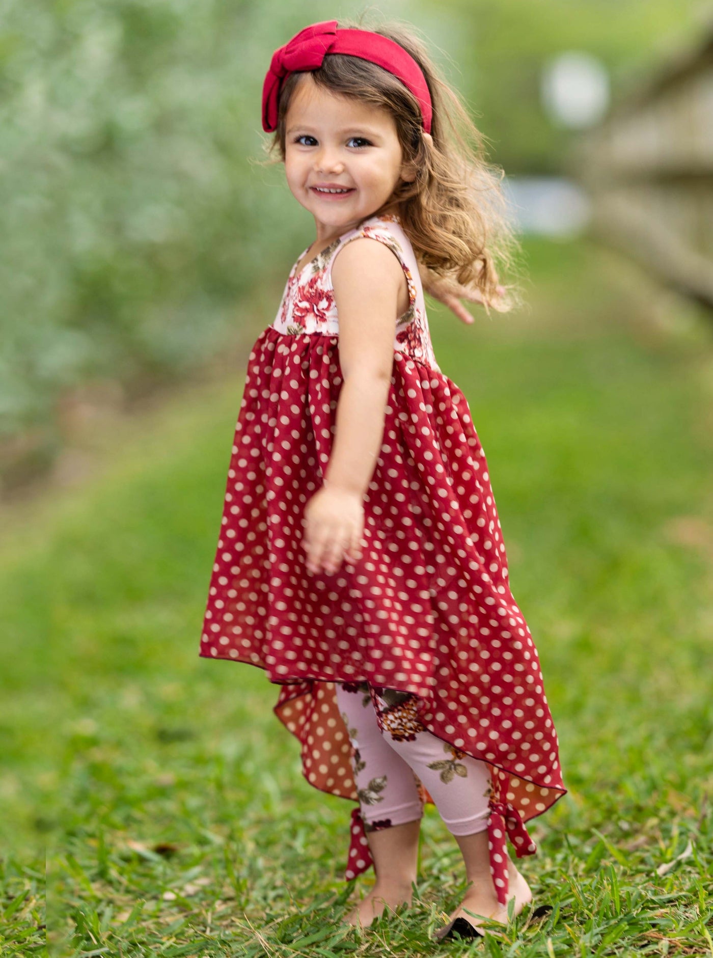 Kids Spring Clothes | Girls Polka Dots Hi Lo Tunic & Bow Legging Set 