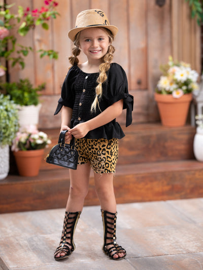 Girls Spring Outfits | Black Smocked Top & Leopard Print Shorts Set